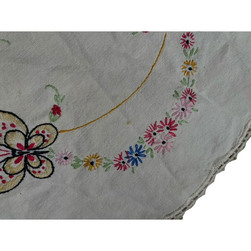 Vintage Embroidered Table Runner Butterfly Floral Dresser Scarf Linen